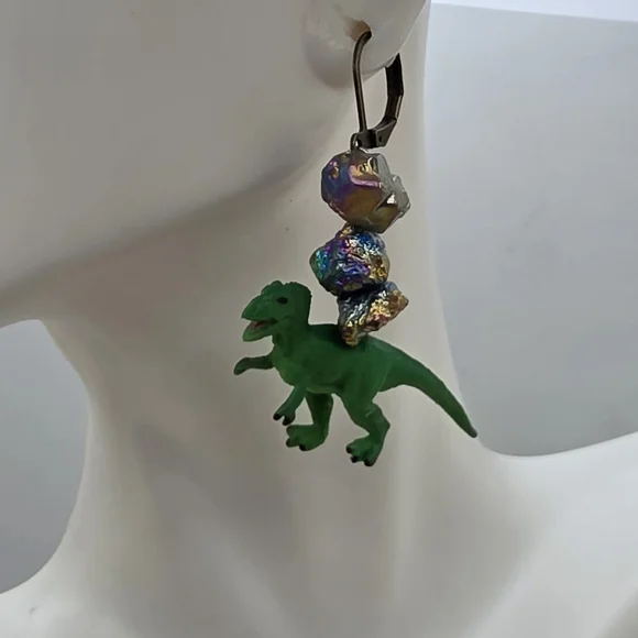 Green Dinosaur Drop Earrings with Iridescent Accent Beads - Picture 6 of 6